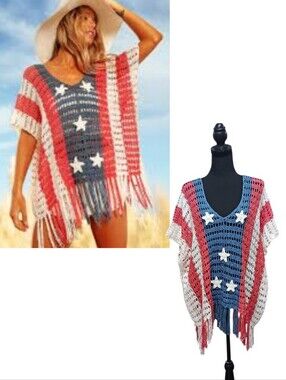 BiBi Star Patch Crochet Fringe Hem Poncho